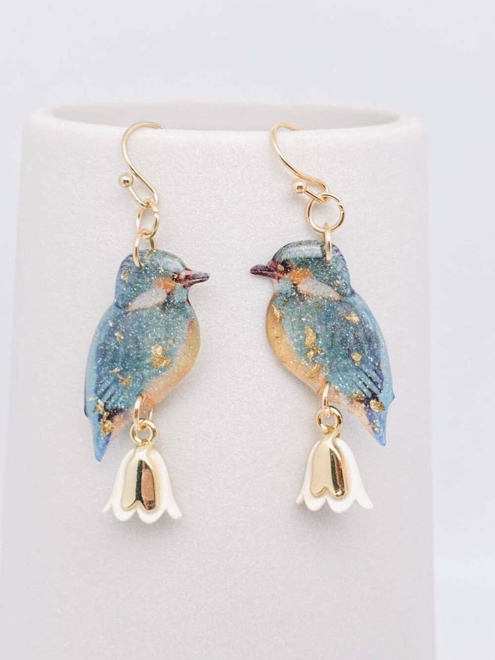 Resin Bird Charm Dangle Earrings - White